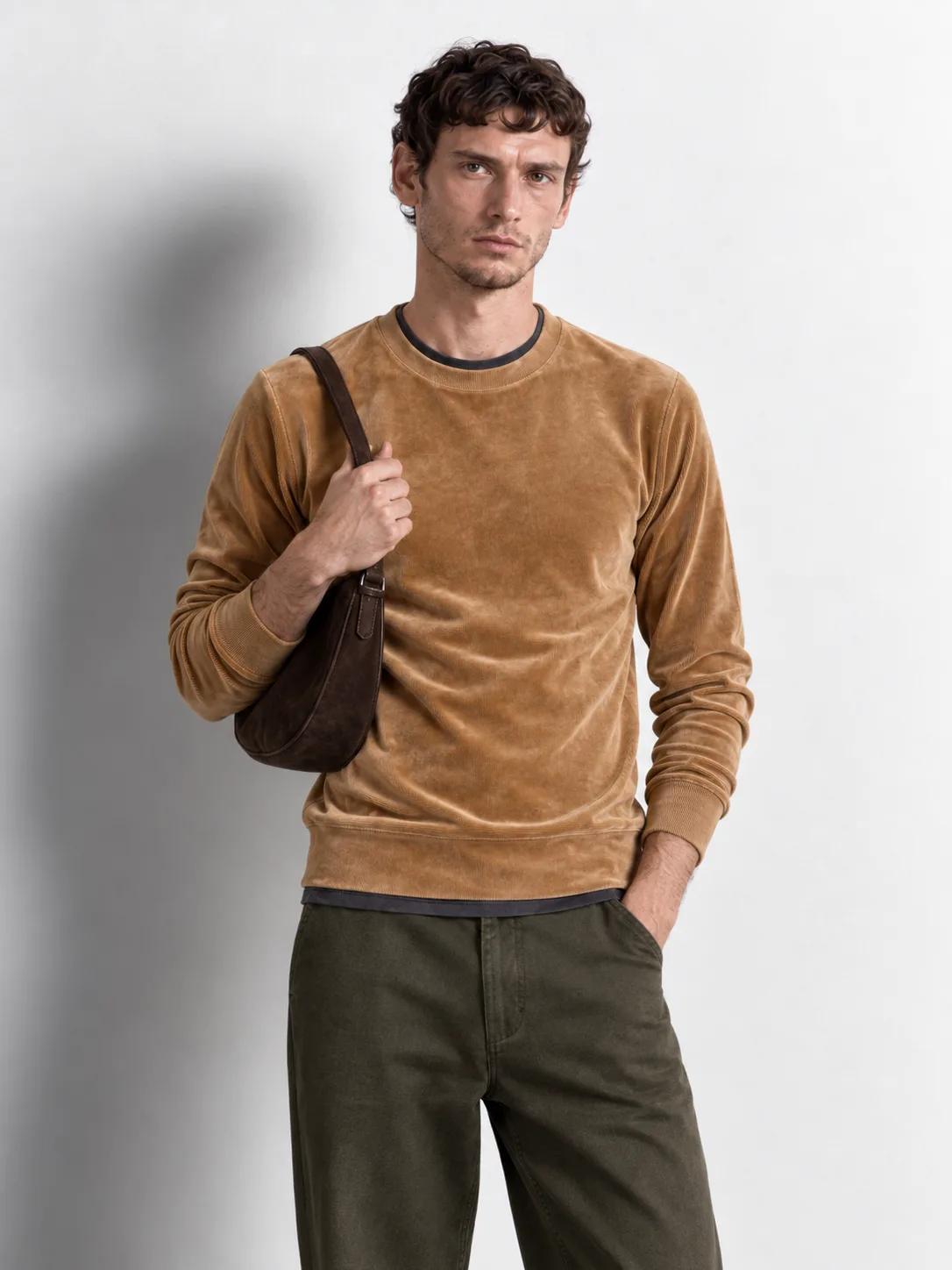 Velvet Ribbed Crewneck Sweatshirt — worn, close-up