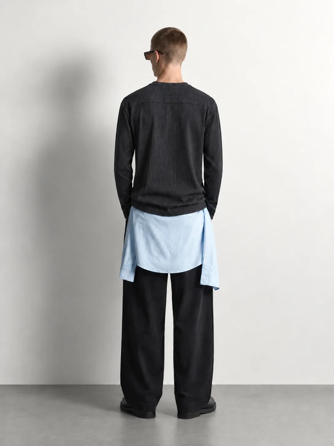Vertical Pinstripe Pocket Sweater — worn, back