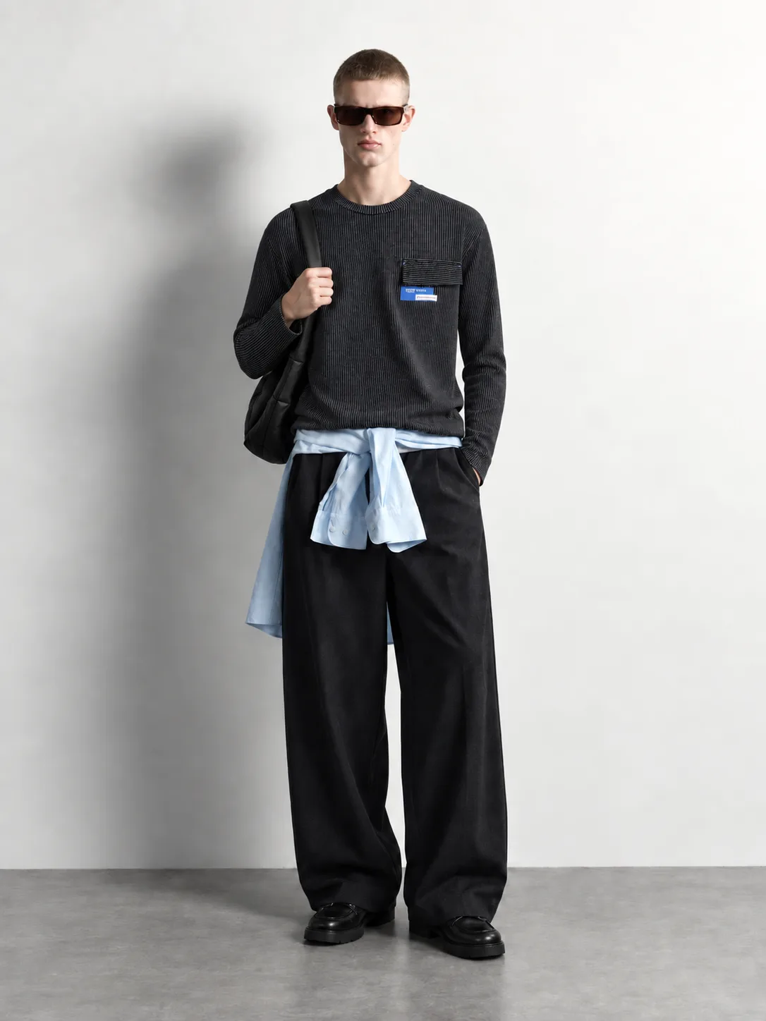 Vertical Pinstripe Pocket Sweater — worn, front