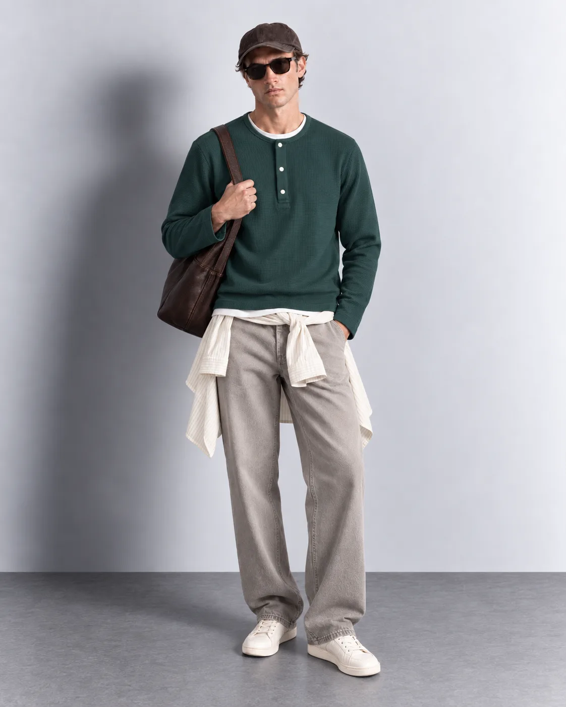 Waffle Knit Henley Long Sleeve — worn, front