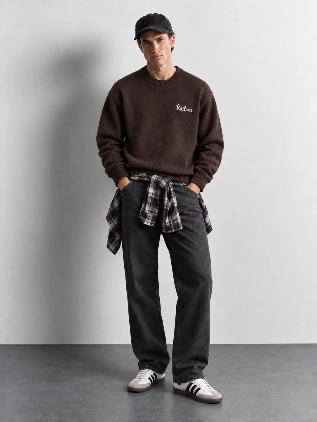 Washed Embroidered Crew Neck Sweater — worn, front