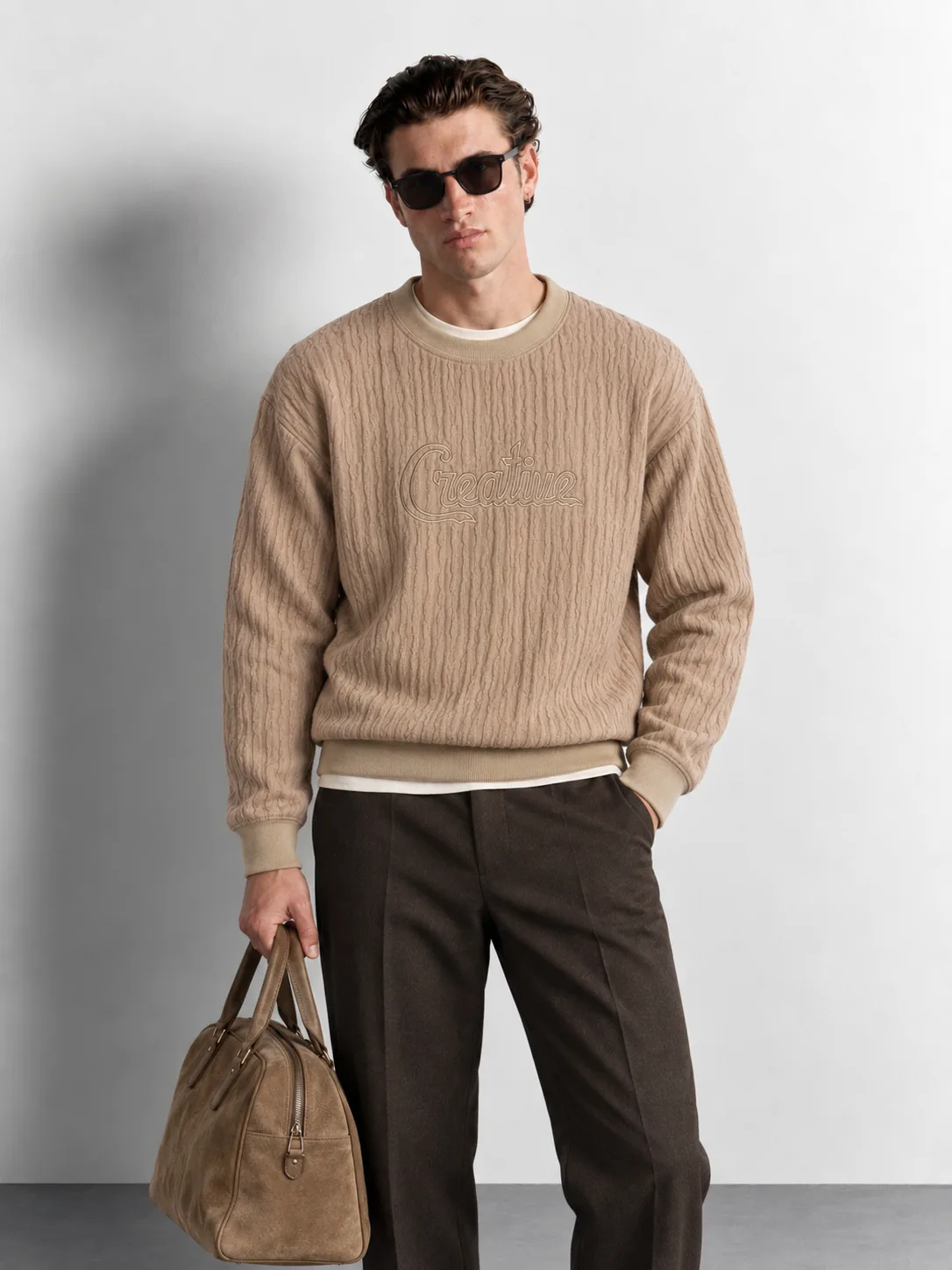 Wave Texture Crewneck Sweatshirt — worn, close-up