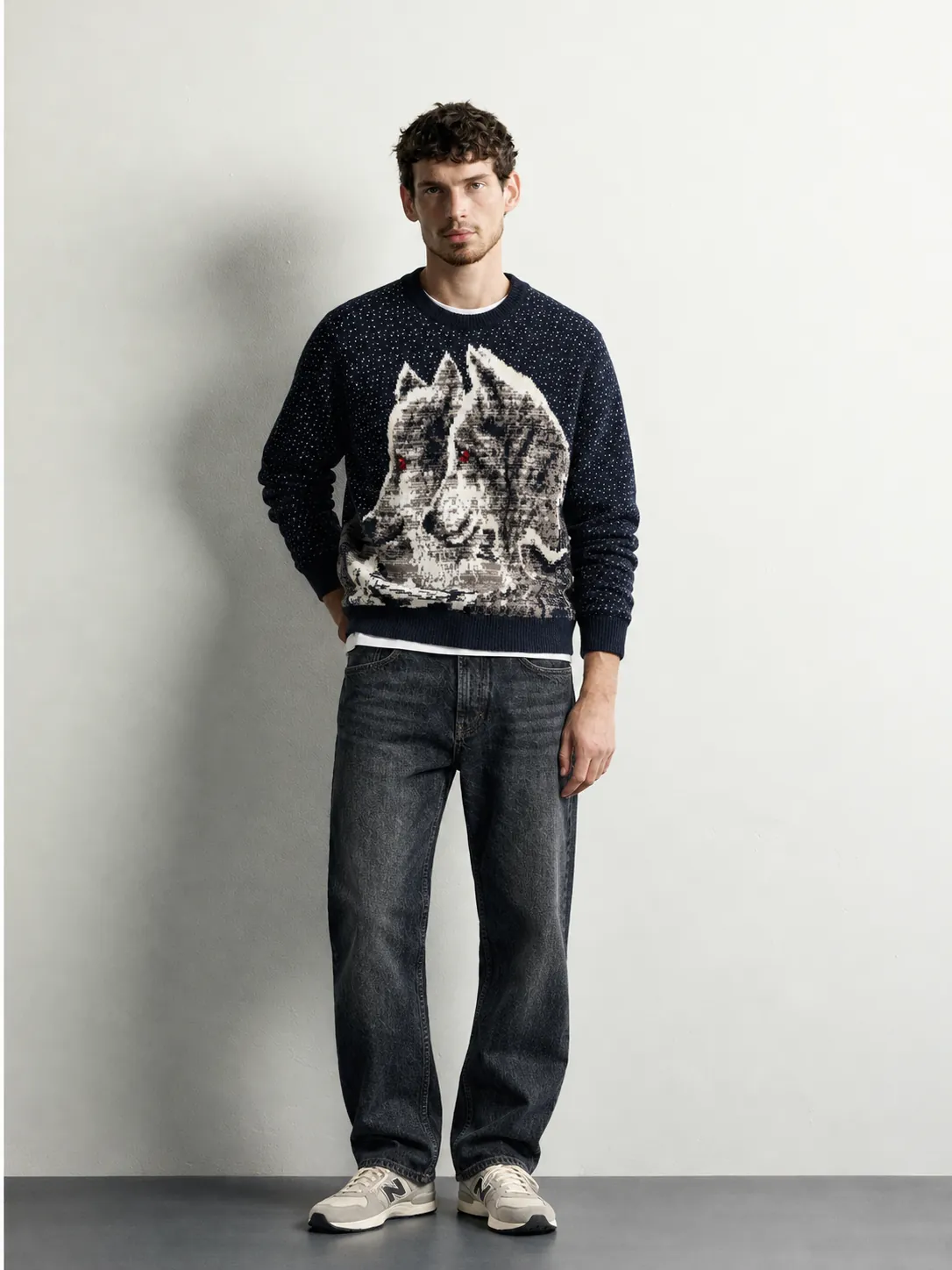 Wolf Jacquard Knit Sweater — worn, front