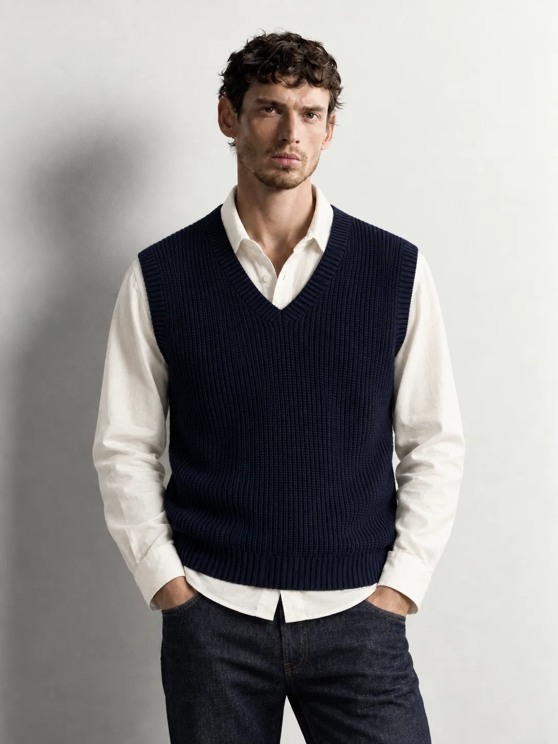 Classic Ribbed V-neck Vest — worn, close-up