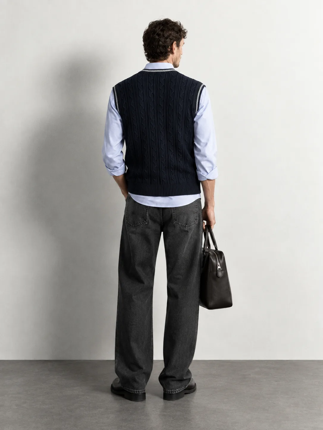 Contrast Trim Cable-knit Vest — worn, back