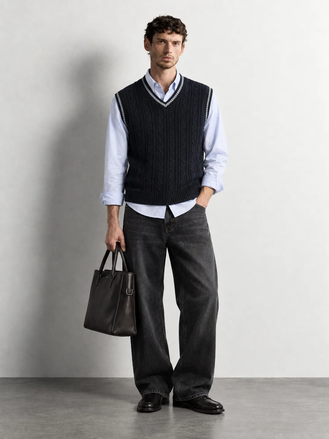 Contrast Trim Cable-knit Vest — worn, front