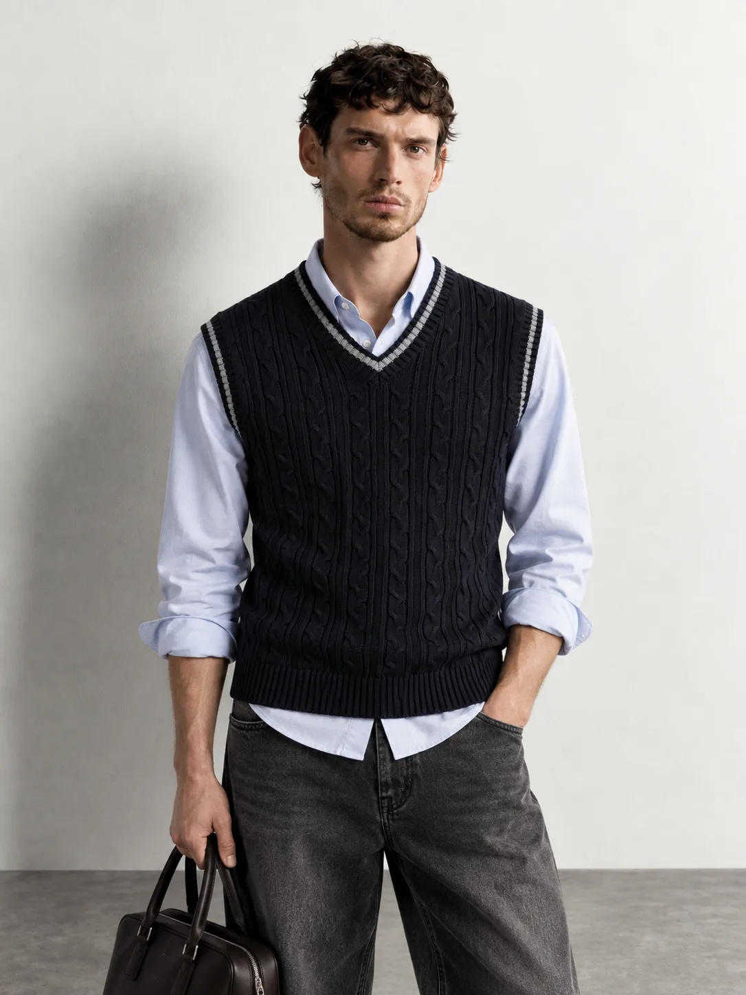 Contrast Trim Cable-knit Vest — worn, close-up