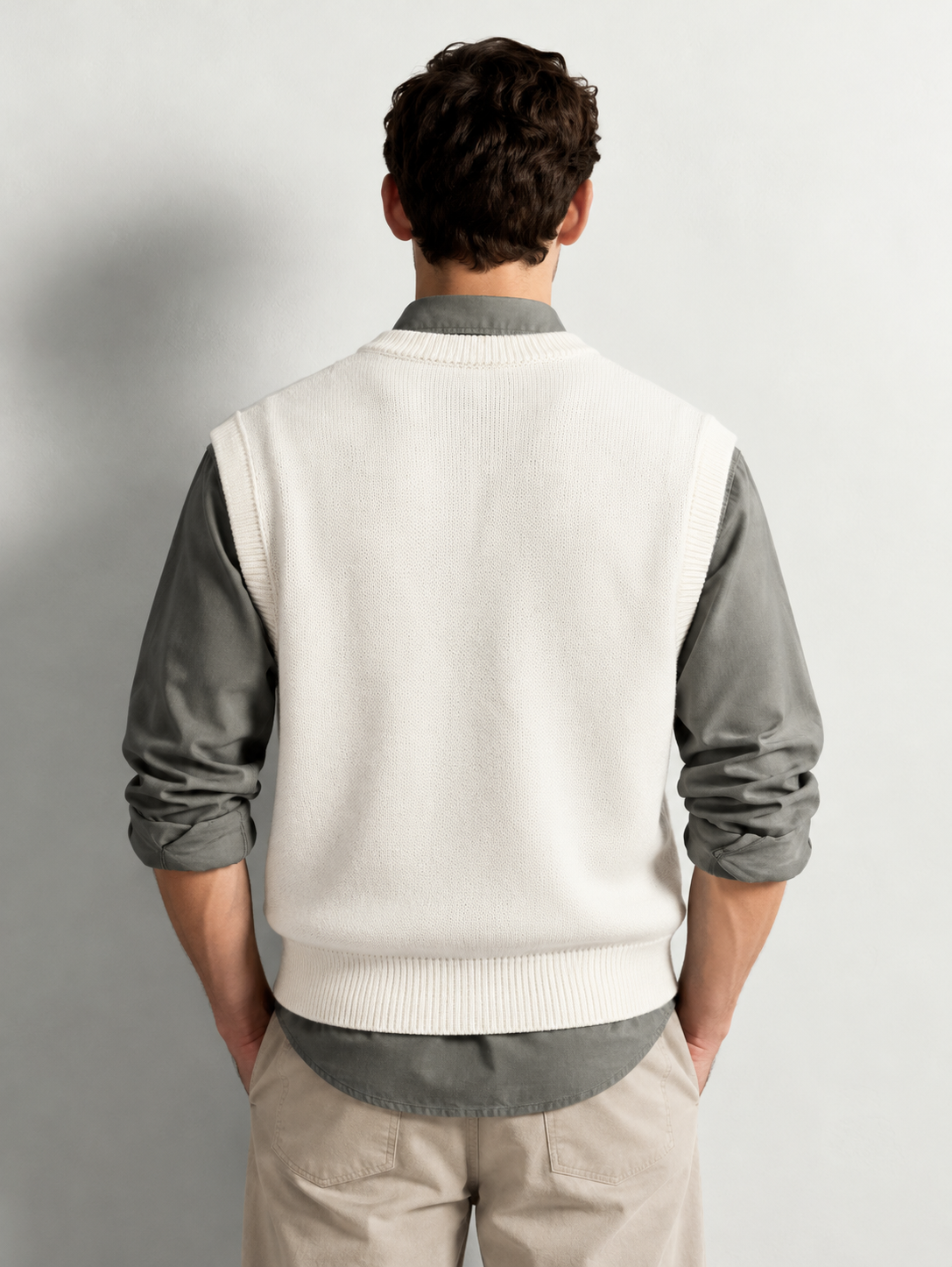 PLAIN V NECK KNIT VEST — worn, back