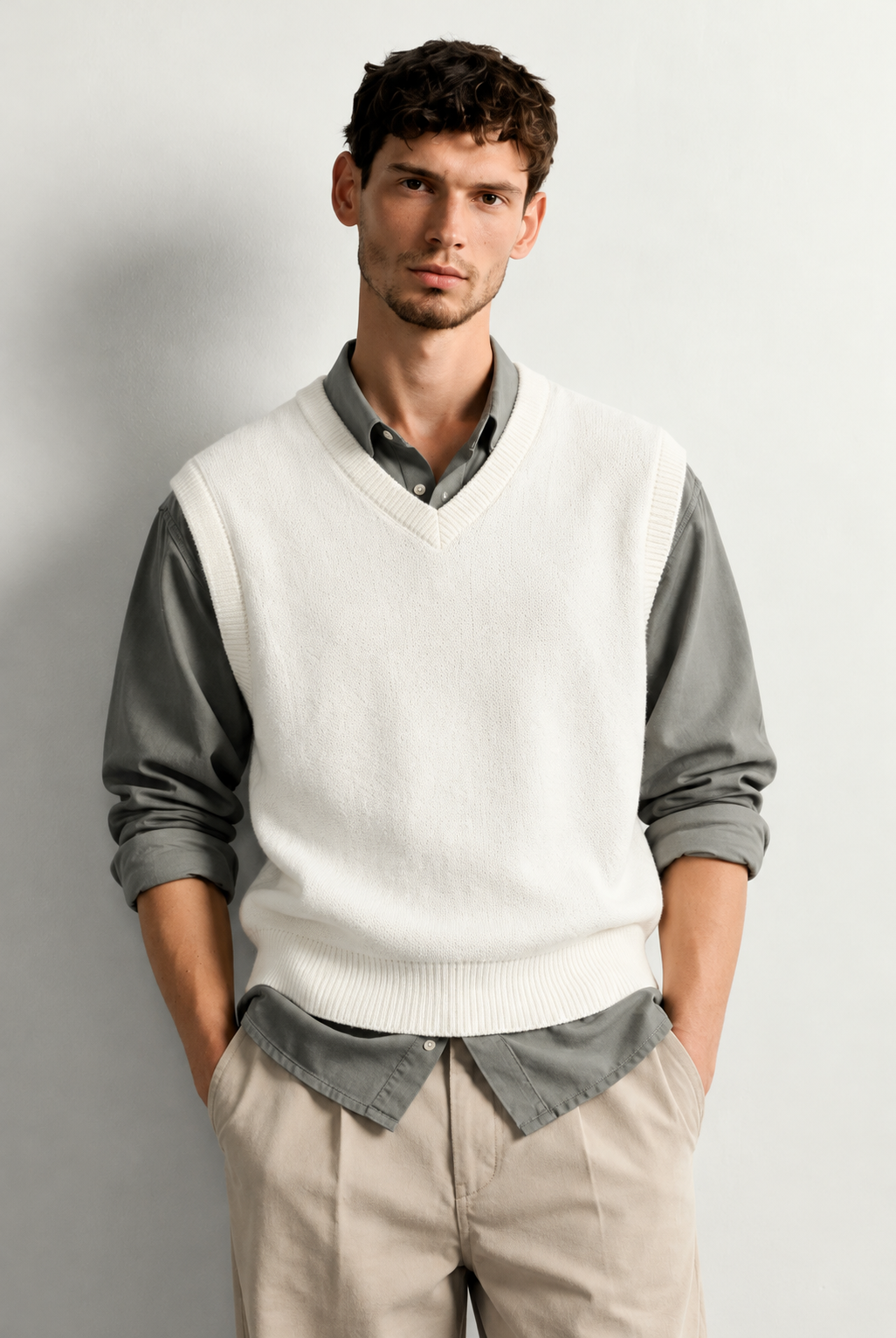 PLAIN V NECK KNIT VEST — worn, front
